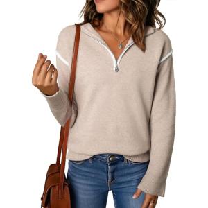 imageEVALESS Womens Sweaters V Neck Long Sleeve Quarter Zip Collared Ribbed Knit Dressy Casual Pullover Sweaters OutfitsOatmeal