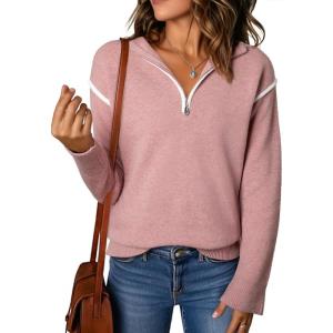 imageEVALESS Womens Sweaters V Neck Long Sleeve Quarter Zip Collared Ribbed Knit Dressy Casual Pullover Sweaters OutfitsPink
