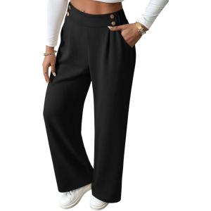 imageEVALESS Womens Wide Leg Work Pants Straight Elastic High Waisted Double Button Trousers Business Casual Pants with PocketsBlack