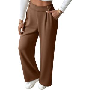imageEVALESS Womens Wide Leg Work Pants Straight Elastic High Waisted Double Button Trousers Business Casual Pants with PocketsBrown