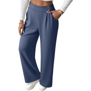 imageEVALESS Womens Wide Leg Work Pants Straight Elastic High Waisted Double Button Trousers Business Casual Pants with PocketsDark Blue