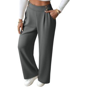 imageEVALESS Womens Wide Leg Work Pants Straight Elastic High Waisted Double Button Trousers Business Casual Pants with PocketsGrey