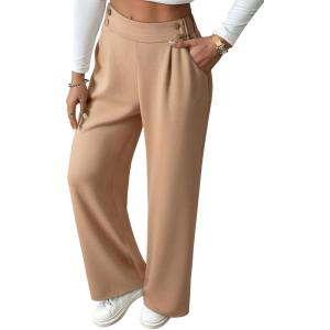 imageEVALESS Womens Wide Leg Work Pants Straight Elastic High Waisted Double Button Trousers Business Casual Pants with PocketsKhaki