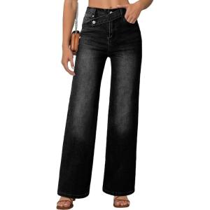 imageEVALESS Jeans for Women Trendy 2025 Overlap Waist Straight Wide Leg Stretchy Denim PantsBlack