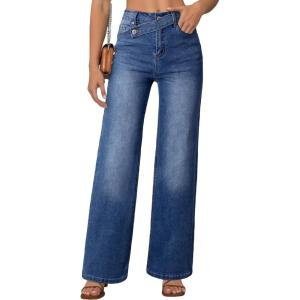 imageEVALESS Jeans for Women Trendy 2025 Overlap Waist Straight Wide Leg Stretchy Denim PantsNavy Blue
