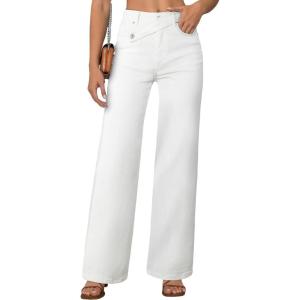 imageEVALESS Jeans for Women Trendy 2025 Overlap Waist Straight Wide Leg Stretchy Denim PantsWhite