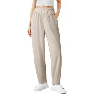 imageEVALESS Womens Corduroy Pants Elastic High Waist Pleated Wide Leg Trousers Fall Comfy Casual Baggy Pants with PocketsBeige
