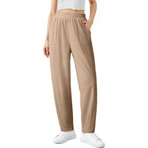 imageEVALESS Womens Corduroy Pants Elastic High Waist Pleated Wide Leg Trousers Fall Comfy Casual Baggy Pants with PocketsKhaki