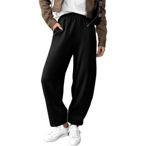 imageEVALESS Womens Fall Elastic High Waisted Baggy Pants Balloon Wide Leg Pants Woman Casual Cropped Length Trouser with PocketsBlack