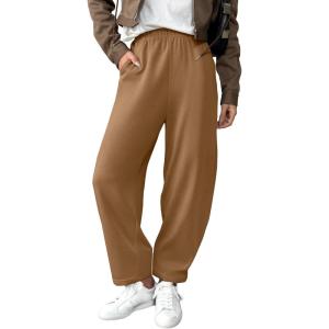 imageEVALESS Womens Fall Elastic High Waisted Baggy Pants Balloon Wide Leg Pants Woman Casual Cropped Length Trouser with PocketsCamel