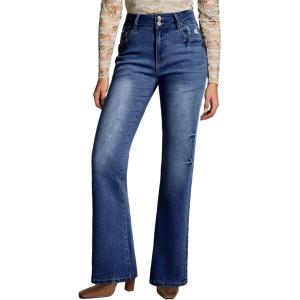 imageEVALESS Womens Flare Bell Bottom Jeans High Waisted Wide Leg Bootcut Jeans Stretchy Denim PantsSail Blue