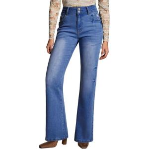 imageEVALESS Womens Flare Bell Bottom Jeans High Waisted Wide Leg Bootcut Jeans Stretchy Denim PantsSky Blue
