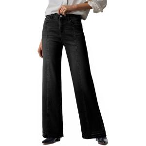 imageEVALESS Womens Jeans Trendy High Waist Straight Leg Wide Leg Frayed Baggy Raw Hem Boyfriends Stretchy Denim PantsBlack