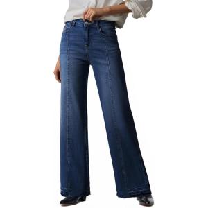 imageEVALESS Womens Jeans Trendy High Waist Straight Leg Wide Leg Frayed Baggy Raw Hem Boyfriends Stretchy Denim PantsDirty Blue