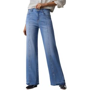 imageEVALESS Womens Jeans Trendy High Waist Straight Leg Wide Leg Frayed Baggy Raw Hem Boyfriends Stretchy Denim PantsMyosotis