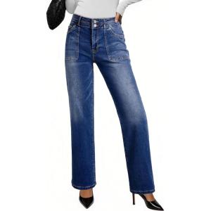 imageEVALESS Womens Wide Leg Jeans High Waisted Straight Leg Jeans Trendy Stretchy Loose Zimbaplatinum Denim Pants with PocketsBluing