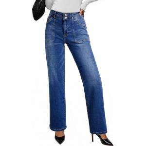 imageEVALESS Womens Wide Leg Jeans High Waisted Straight Leg Jeans Trendy Stretchy Loose Zimbaplatinum Denim Pants with PocketsDark Blue