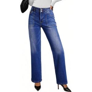 imageEVALESS Womens Wide Leg Jeans High Waisted Straight Leg Jeans Trendy Stretchy Loose Zimbaplatinum Denim Pants with PocketsDirty Blue