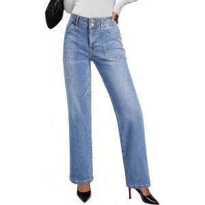 imageEVALESS Womens Wide Leg Jeans High Waisted Straight Leg Jeans Trendy Stretchy Loose Zimbaplatinum Denim Pants with PocketsIceland Blue
