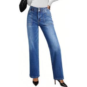 imageEVALESS Womens Wide Leg Jeans High Waisted Straight Leg Jeans Trendy Stretchy Loose Zimbaplatinum Denim Pants with PocketsLight Blue