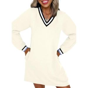 imageEVALESS Womens Dresses 2025 Fall V Neck Long Sleeve Casual Tshirt Dress Spring Contrast Striped Sweatshirt DressBeige