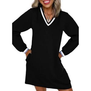 imageEVALESS Womens Dresses 2025 Fall V Neck Long Sleeve Casual Tshirt Dress Spring Contrast Striped Sweatshirt DressBlack