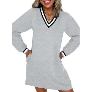 imageEVALESS Womens Dresses 2025 Fall V Neck Long Sleeve Casual Tshirt Dress Spring Contrast Striped Sweatshirt DressGray