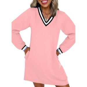 imageEVALESS Womens Dresses 2025 Fall V Neck Long Sleeve Casual Tshirt Dress Spring Contrast Striped Sweatshirt DressLight Pink