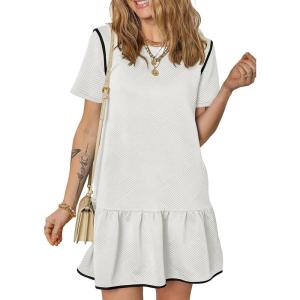 imageEVALESS Womens Summer Dresses 2025 Casual Crewneck Short Sleeve Textured Flowy Ruffle ALine Swing Mini DressesWhite