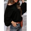 imageEVALESS Womens 2024 Lantern Long Sleeve Crewneck Sweater Casual Solid Color Ribbed Hem Knitwear Pullover Cropped TopsBlack