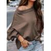 imageEVALESS Womens 2024 Lantern Long Sleeve Crewneck Sweater Casual Solid Color Ribbed Hem Knitwear Pullover Cropped TopsDark Brown