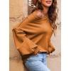 imageEVALESS Womens 2024 Lantern Long Sleeve Crewneck Sweater Casual Solid Color Ribbed Hem Knitwear Pullover Cropped TopsOrange