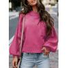 imageEVALESS Womens 2024 Lantern Long Sleeve Crewneck Sweater Casual Solid Color Ribbed Hem Knitwear Pullover Cropped TopsRose