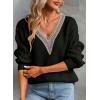 imageEVALESS Womens Long Sleeve Sweaters Fall 2024 Trendy Sexy Lace V Neck Knit Drop Shoulder Pullover Sweater Jumper Tops2d Black