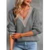 imageEVALESS Womens Long Sleeve Sweaters Fall 2024 Trendy Sexy Lace V Neck Knit Drop Shoulder Pullover Sweater Jumper TopsD Gray
