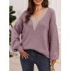 imageEVALESS Womens Long Sleeve Sweaters Fall 2024 Trendy Sexy Lace V Neck Knit Drop Shoulder Pullover Sweater Jumper TopsD Purple