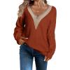 imageEVALESS Womens Long Sleeve Sweaters Fall 2024 Trendy Sexy Lace V Neck Knit Drop Shoulder Pullover Sweater Jumper TopsE Brown