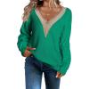 imageEVALESS Womens Long Sleeve Sweaters Fall 2024 Trendy Sexy Lace V Neck Knit Drop Shoulder Pullover Sweater Jumper TopsE Green