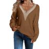 imageEVALESS Womens Long Sleeve Sweaters Fall 2024 Trendy Sexy Lace V Neck Knit Drop Shoulder Pullover Sweater Jumper TopsE Khaki