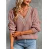 imageEVALESS Womens Long Sleeve Sweaters Fall 2024 Trendy Sexy Lace V Neck Knit Drop Shoulder Pullover Sweater Jumper TopsE Light Pink