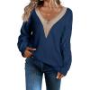 imageEVALESS Womens Long Sleeve Sweaters Fall 2024 Trendy Sexy Lace V Neck Knit Drop Shoulder Pullover Sweater Jumper TopsE Navy Blue
