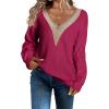 imageEVALESS Womens Long Sleeve Sweaters Fall 2024 Trendy Sexy Lace V Neck Knit Drop Shoulder Pullover Sweater Jumper TopsE Rose