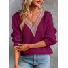 imageEVALESS Womens Long Sleeve Sweaters Fall 2024 Trendy Sexy Lace V Neck Knit Drop Shoulder Pullover Sweater Jumper TopsE Rose