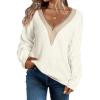 imageEVALESS Womens Long Sleeve Sweaters Fall 2024 Trendy Sexy Lace V Neck Knit Drop Shoulder Pullover Sweater Jumper Tops1d White