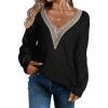 imageEVALESS Womens Long Sleeve Sweaters Fall 2024 Trendy Sexy Lace V Neck Knit Drop Shoulder Pullover Sweater Jumper Tops2d Black