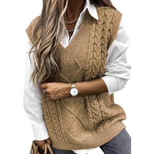imageEVALESS Oversized Sweater Vest for Women V Neck Sleeveless Solid Color Loose Pullover Sweater1 Khaki