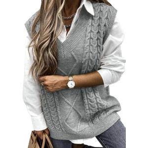 imageEVALESS Oversized Sweater Vest for Women V Neck Sleeveless Solid Color Loose Pullover Sweater3a Grey