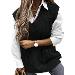 imageEVALESS Oversized Sweater Vest for Women V Neck Sleeveless Solid Color Loose Pullover SweaterA Black
