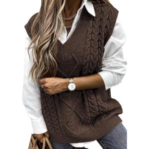 imageEVALESS Oversized Sweater Vest for Women V Neck Sleeveless Solid Color Loose Pullover SweaterA Brown