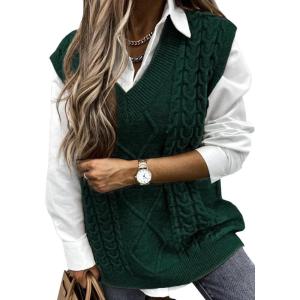 imageEVALESS Oversized Sweater Vest for Women V Neck Sleeveless Solid Color Loose Pullover SweaterA Green